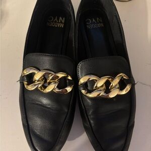 Steve Madden Black Loafers with Gold Chain Detail